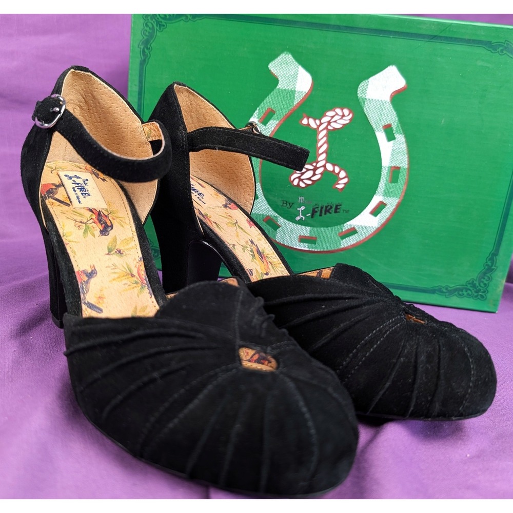 Miss L Fire Rosalind Suede Leather Pleated Closed Keyhole Toe Ankle Strap